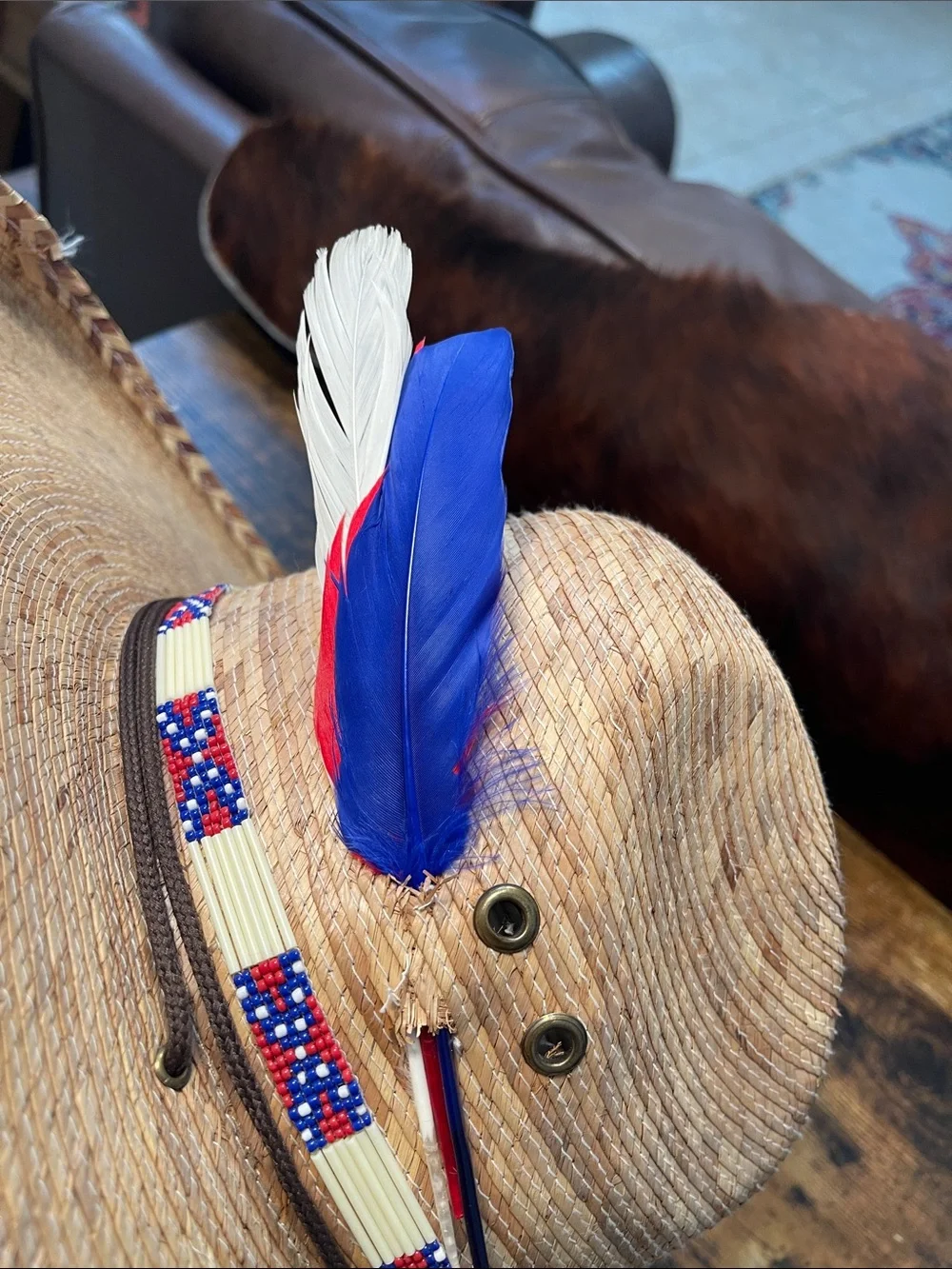 Women’s Straw Cowboy Hat with Red, Blue & White Feather - Patriotic Choncho